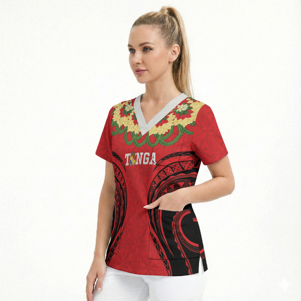 Personalised Red Tonga Ngatu Kahoa Lei Scrub Top LT14 - Polynesian Pride