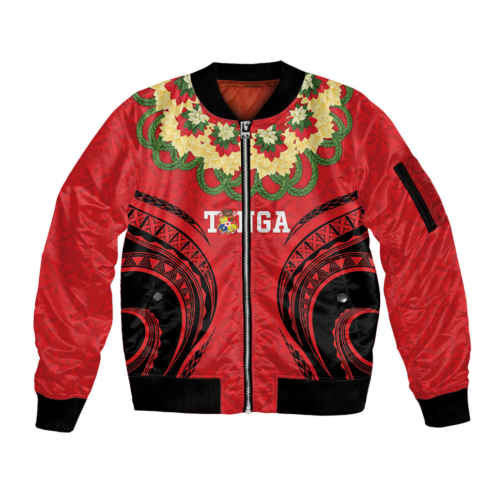 Personalised Red Tonga Ngatu Kahoa Lei Sleeve Zip Bomber Jacket LT14 Unisex Red - Polynesian Pride