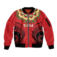 Personalised Red Tonga Ngatu Kahoa Lei Sleeve Zip Bomber Jacket LT14 Unisex Red - Polynesian Pride