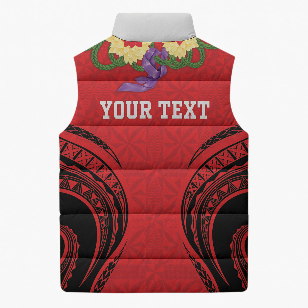 Personalised Red Tonga Ngatu Kahoa Lei Sleeveless Puffer Jacket LT14 - Polynesian Pride