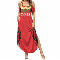 Personalised Red Tonga Ngatu Kahoa Lei Summer Maxi Dress LT14 Women Red - Polynesian Pride