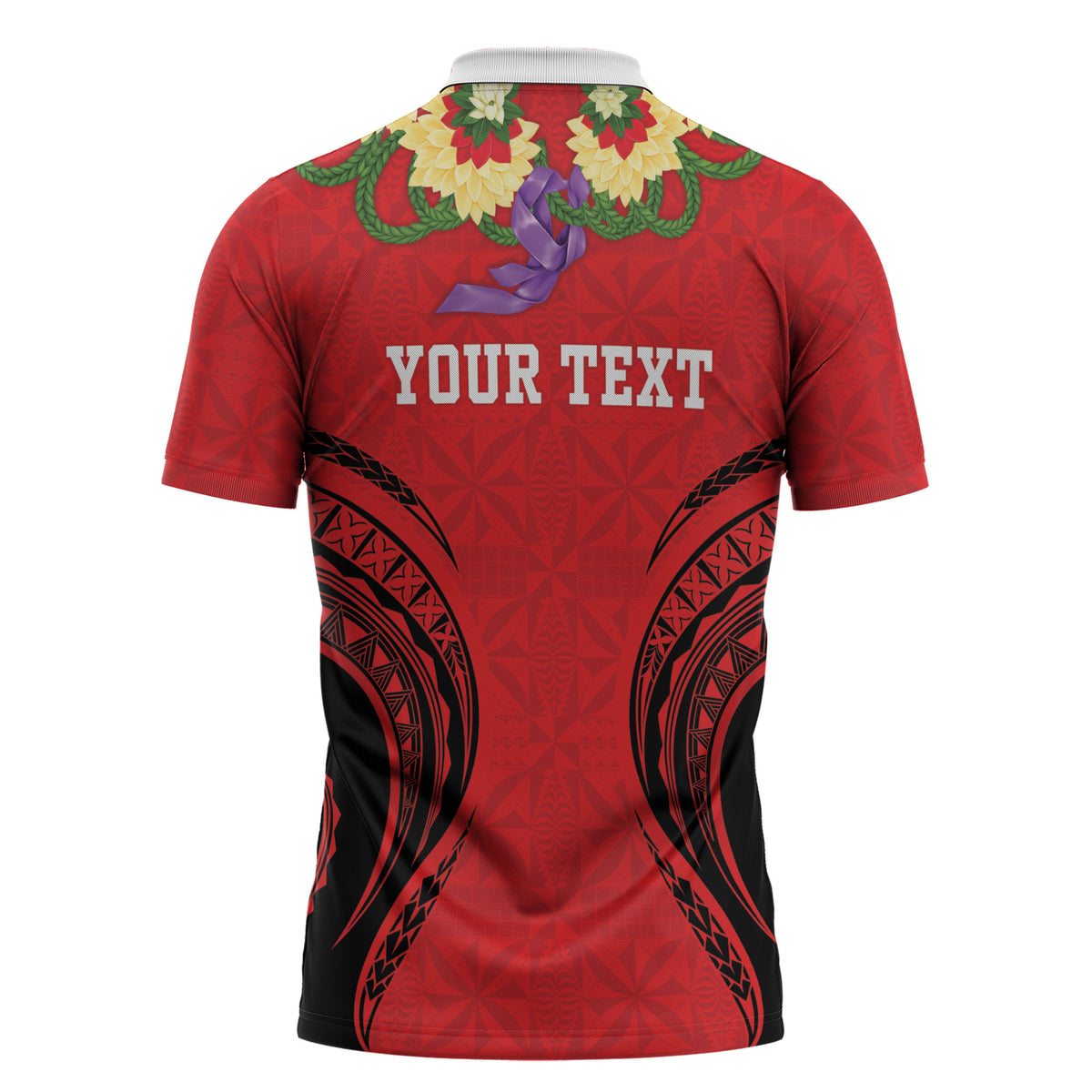 Personalised Red Tonga Ngatu Kahoa Lei Zipper Polo Shirt LT14 - Polynesian Pride