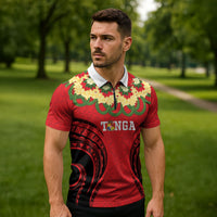 Personalised Red Tonga Ngatu Kahoa Lei Zipper Polo Shirt LT14 - Polynesian Pride