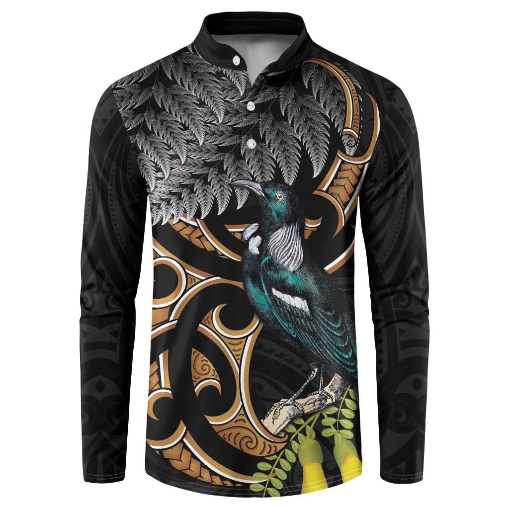 Aotearoa Kowhai Tui Bird Button Sweatshirt Maori Ngaru With Silver Fern LT14 Black - Polynesian Pride