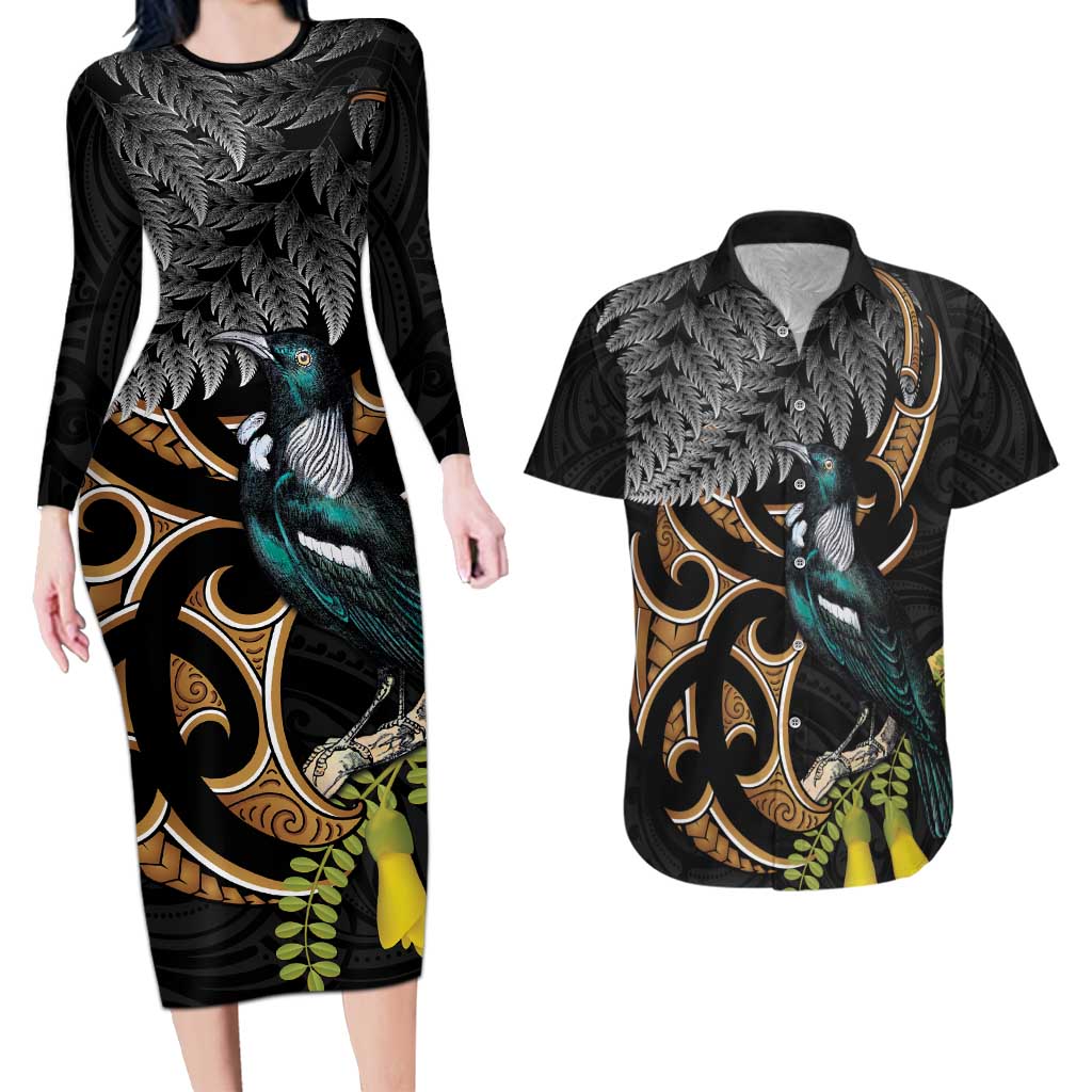 Aotearoa Kowhai Tui Bird Couples Matching Long Sleeve Bodycon Dress and Hawaiian Shirt Maori Ngaru With Silver Fern LT14 Black - Polynesian Pride