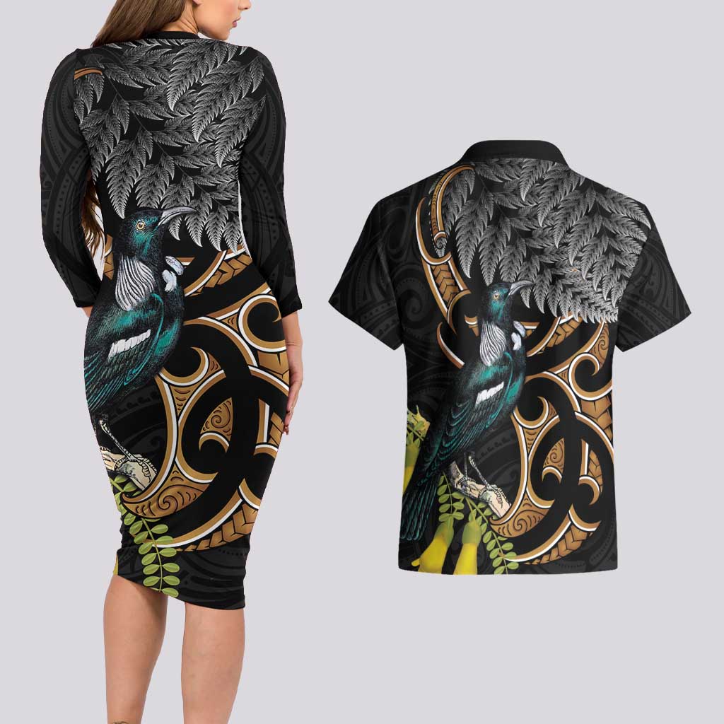 Aotearoa Kowhai Tui Bird Couples Matching Long Sleeve Bodycon Dress and Hawaiian Shirt Maori Ngaru With Silver Fern LT14 - Polynesian Pride