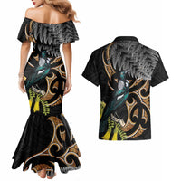 Aotearoa Kowhai Tui Bird Couples Matching Mermaid Dress and Hawaiian Shirt Maori Ngaru With Silver Fern LT14 - Polynesian Pride