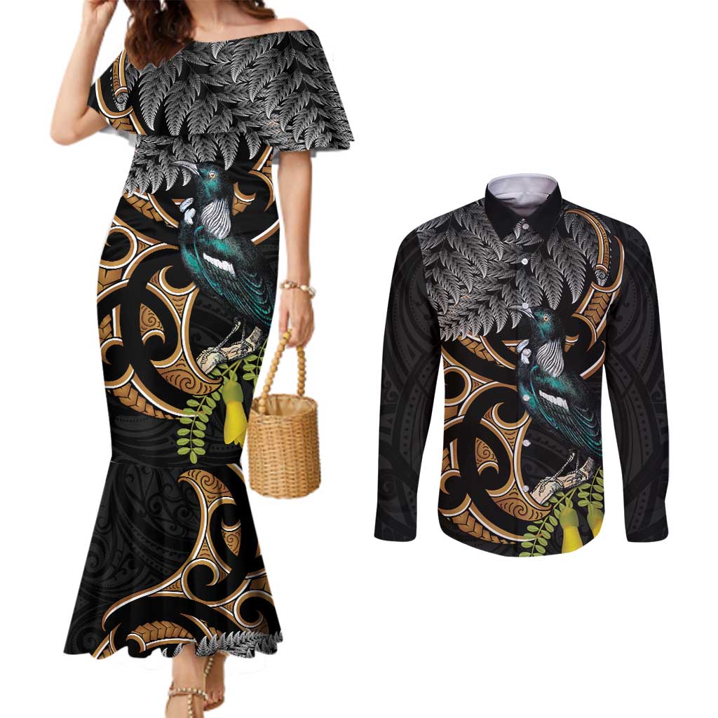 Aotearoa Kowhai Tui Bird Couples Matching Mermaid Dress and Long Sleeve Button Shirt Maori Ngaru With Silver Fern LT14 Black - Polynesian Pride