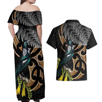 Aotearoa Kowhai Tui Bird Couples Matching Off Shoulder Maxi Dress and Hawaiian Shirt Maori Ngaru With Silver Fern LT14 - Polynesian Pride