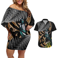 Aotearoa Kowhai Tui Bird Couples Matching Off Shoulder Short Dress and Hawaiian Shirt Maori Ngaru With Silver Fern LT14 Black - Polynesian Pride