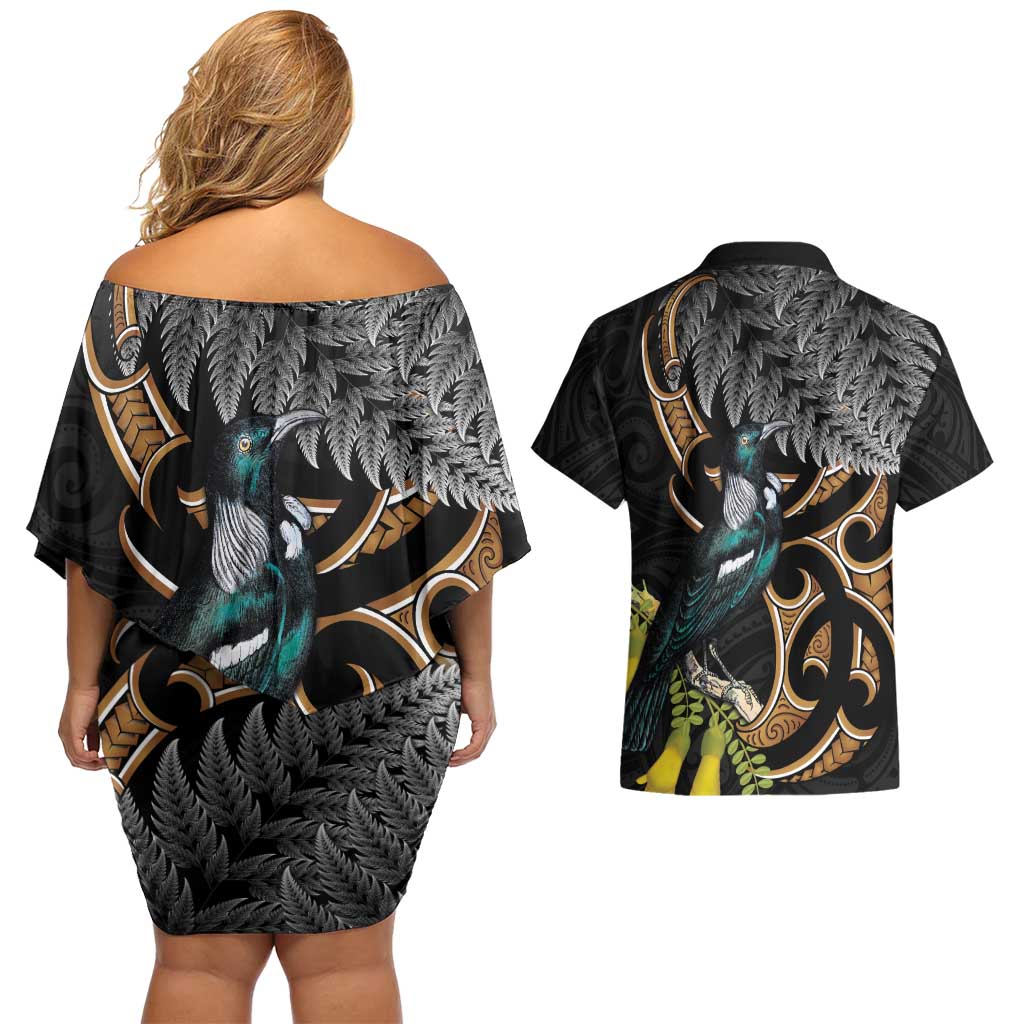 Aotearoa Kowhai Tui Bird Couples Matching Off Shoulder Short Dress and Hawaiian Shirt Maori Ngaru With Silver Fern LT14 - Polynesian Pride