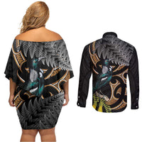 Aotearoa Kowhai Tui Bird Couples Matching Off Shoulder Short Dress and Long Sleeve Button Shirt Maori Ngaru With Silver Fern LT14 - Polynesian Pride