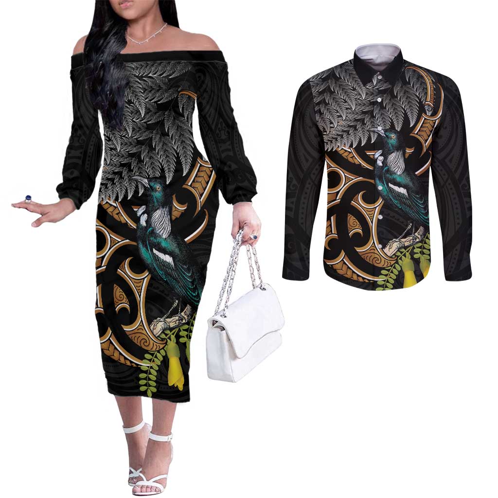 Aotearoa Kowhai Tui Bird Couples Matching Off The Shoulder Long Sleeve Dress and Long Sleeve Button Shirt Maori Ngaru With Silver Fern LT14 Black - Polynesian Pride