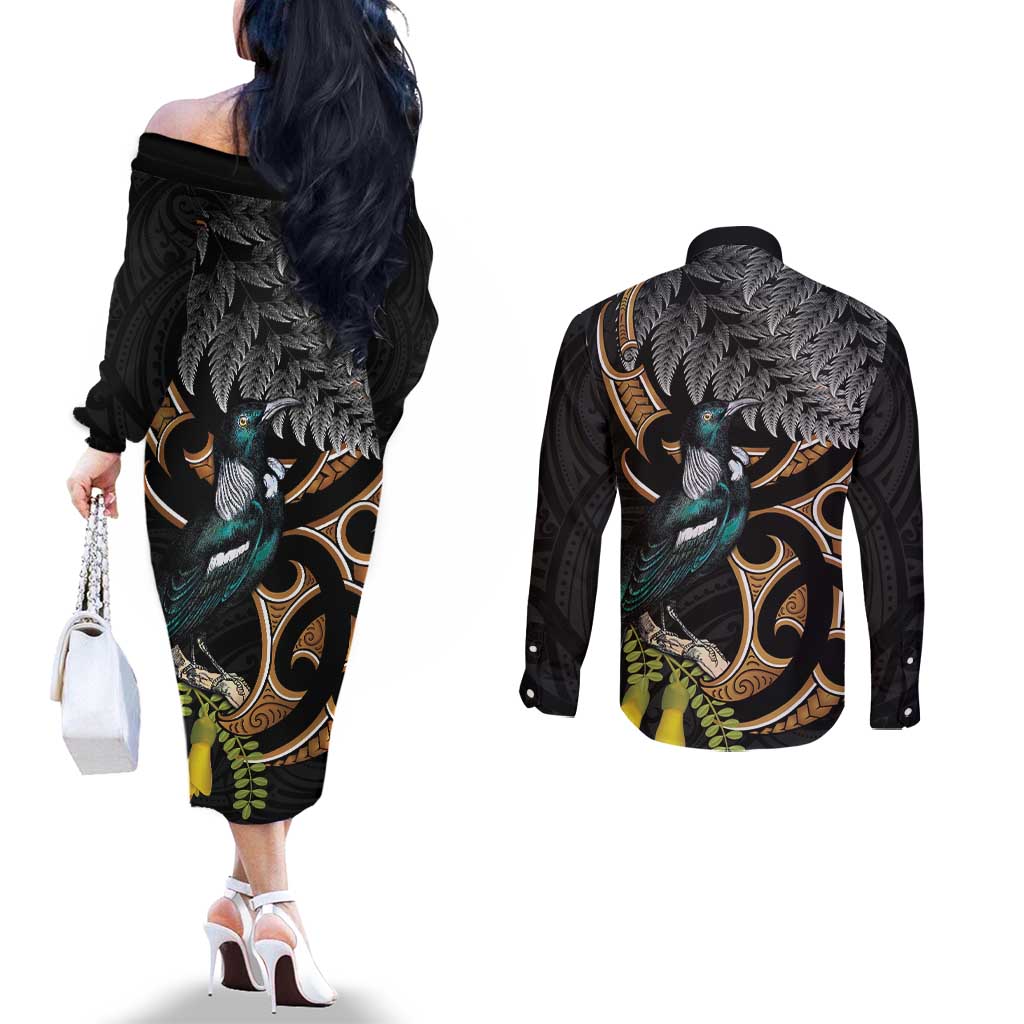 Aotearoa Kowhai Tui Bird Couples Matching Off The Shoulder Long Sleeve Dress and Long Sleeve Button Shirt Maori Ngaru With Silver Fern LT14 - Polynesian Pride