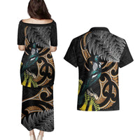 Aotearoa Kowhai Tui Bird Couples Matching Puletasi and Hawaiian Shirt Maori Ngaru With Silver Fern