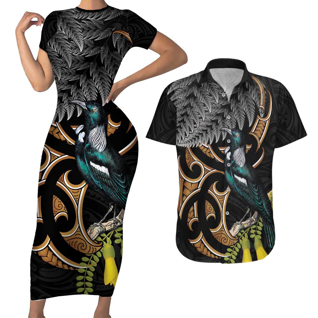 Aotearoa Kowhai Tui Bird Couples Matching Short Sleeve Bodycon Dress and Hawaiian Shirt Maori Ngaru With Silver Fern LT14 Black - Polynesian Pride