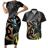 Aotearoa Kowhai Tui Bird Couples Matching Short Sleeve Bodycon Dress and Hawaiian Shirt Maori Ngaru With Silver Fern LT14 Black - Polynesian Pride