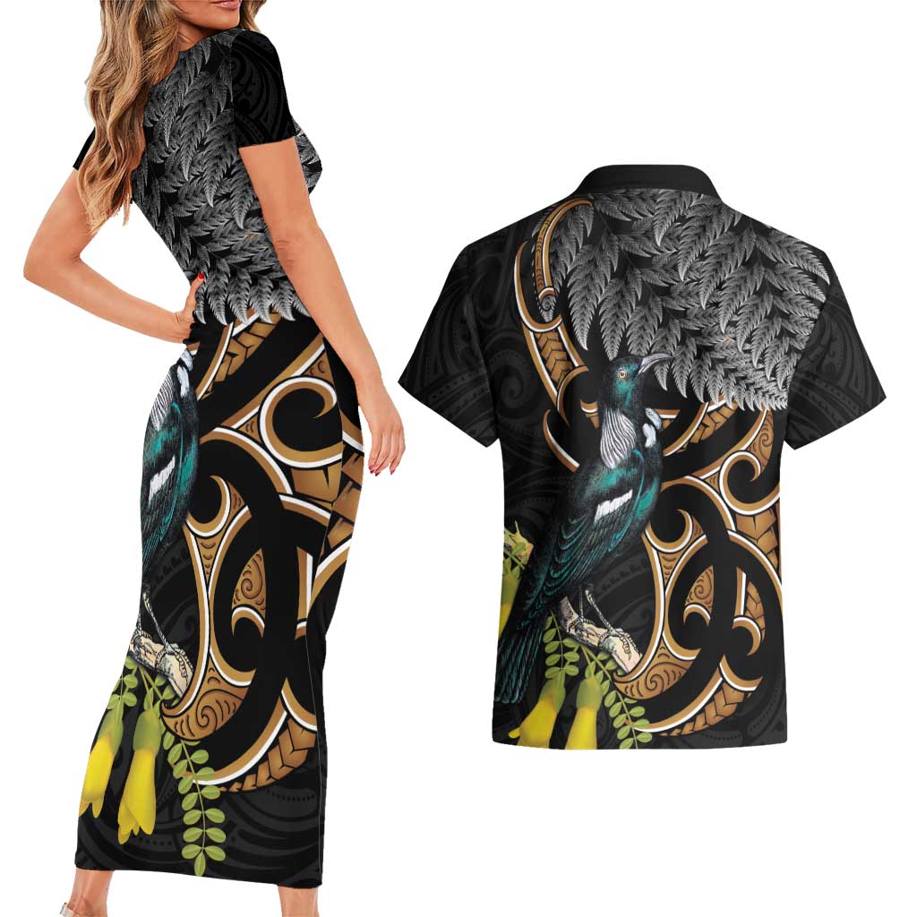 Aotearoa Kowhai Tui Bird Couples Matching Short Sleeve Bodycon Dress and Hawaiian Shirt Maori Ngaru With Silver Fern LT14 - Polynesian Pride