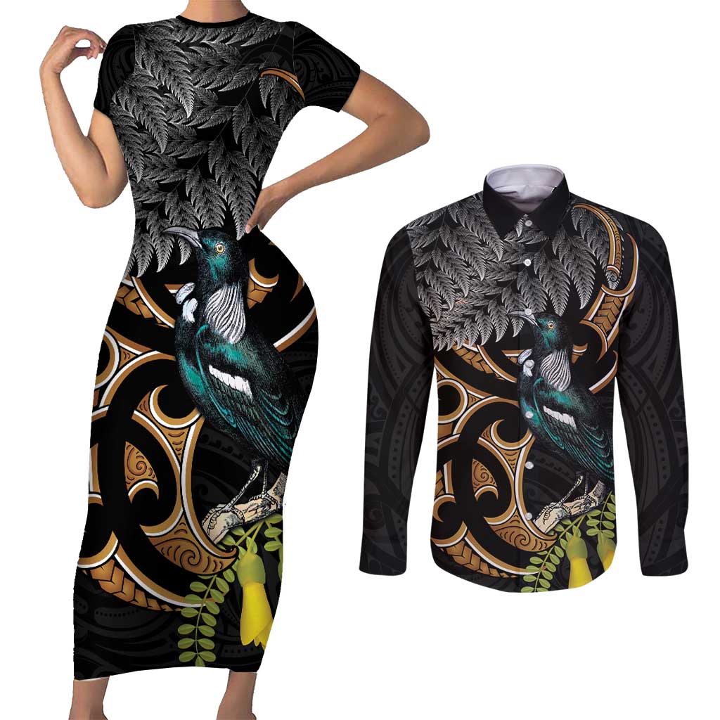 Aotearoa Kowhai Tui Bird Couples Matching Short Sleeve Bodycon Dress and Long Sleeve Button Shirt Maori Ngaru With Silver Fern LT14 Black - Polynesian Pride