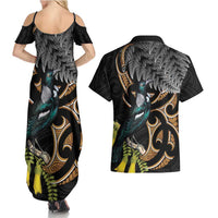 Aotearoa Kowhai Tui Bird Couples Matching Summer Maxi Dress and Hawaiian Shirt Maori Ngaru With Silver Fern LT14 - Polynesian Pride