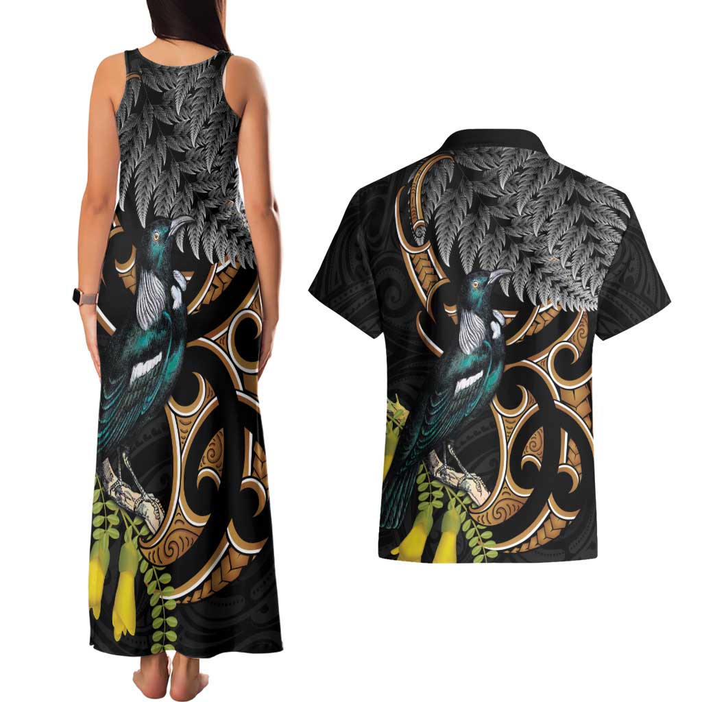 Aotearoa Kowhai Tui Bird Couples Matching Tank Maxi Dress and Hawaiian Shirt Maori Ngaru With Silver Fern LT14 - Polynesian Pride