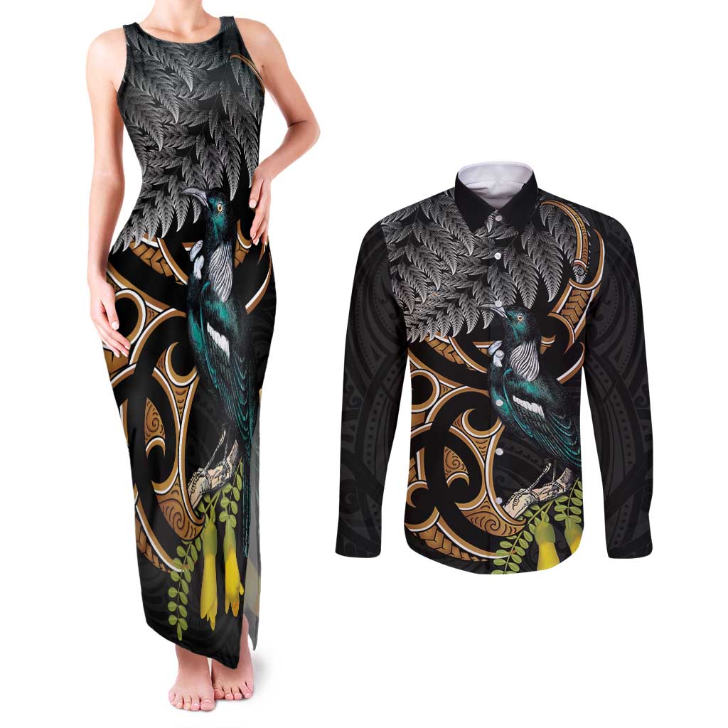 Aotearoa Kowhai Tui Bird Couples Matching Tank Maxi Dress and Long Sleeve Button Shirt Maori Ngaru With Silver Fern LT14 Black - Polynesian Pride