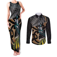 Aotearoa Kowhai Tui Bird Couples Matching Tank Maxi Dress and Long Sleeve Button Shirt Maori Ngaru With Silver Fern LT14 Black - Polynesian Pride
