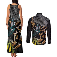 Aotearoa Kowhai Tui Bird Couples Matching Tank Maxi Dress and Long Sleeve Button Shirt Maori Ngaru With Silver Fern LT14 - Polynesian Pride