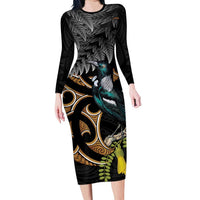 Aotearoa Kowhai Tui Bird Family Matching Long Sleeve Bodycon Dress and Hawaiian Shirt Maori Ngaru With Silver Fern LT14 Mom's Dress Black - Polynesian Pride