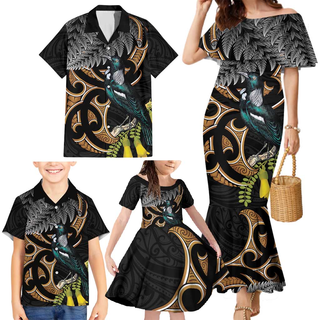 Aotearoa Kowhai Tui Bird Family Matching Mermaid Dress and Hawaiian Shirt Maori Ngaru With Silver Fern LT14 - Polynesian Pride