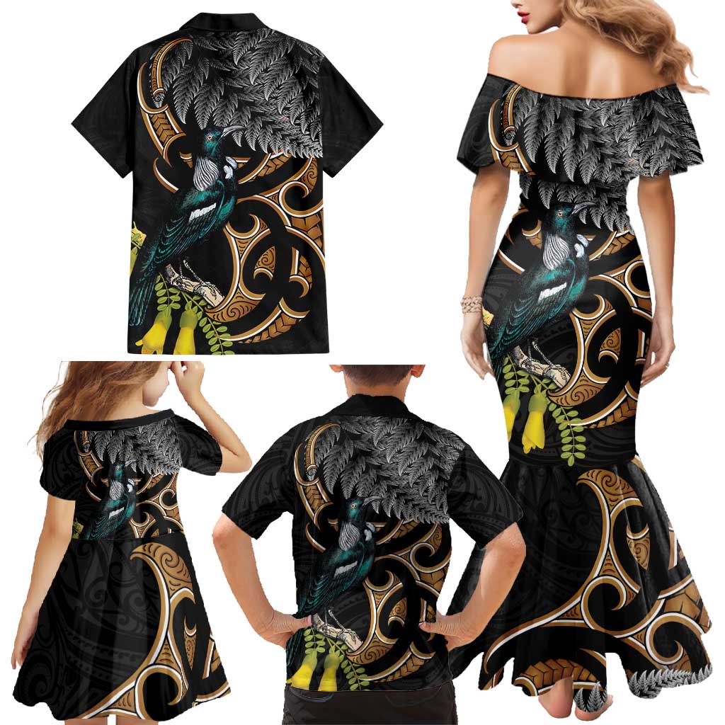 Aotearoa Kowhai Tui Bird Family Matching Mermaid Dress and Hawaiian Shirt Maori Ngaru With Silver Fern LT14 - Polynesian Pride