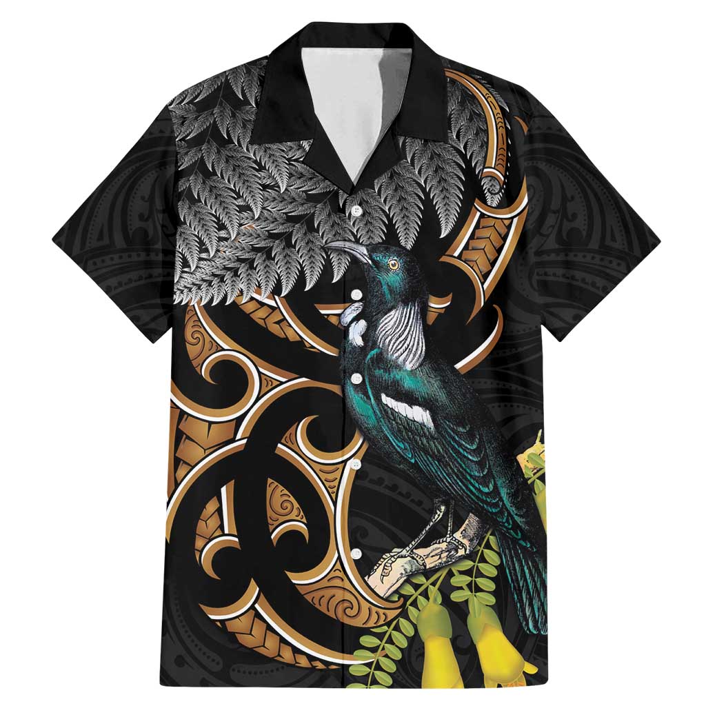 Aotearoa Kowhai Tui Bird Family Matching Mermaid Dress and Hawaiian Shirt Maori Ngaru With Silver Fern LT14 Dad's Shirt - Short Sleeve Black - Polynesian Pride