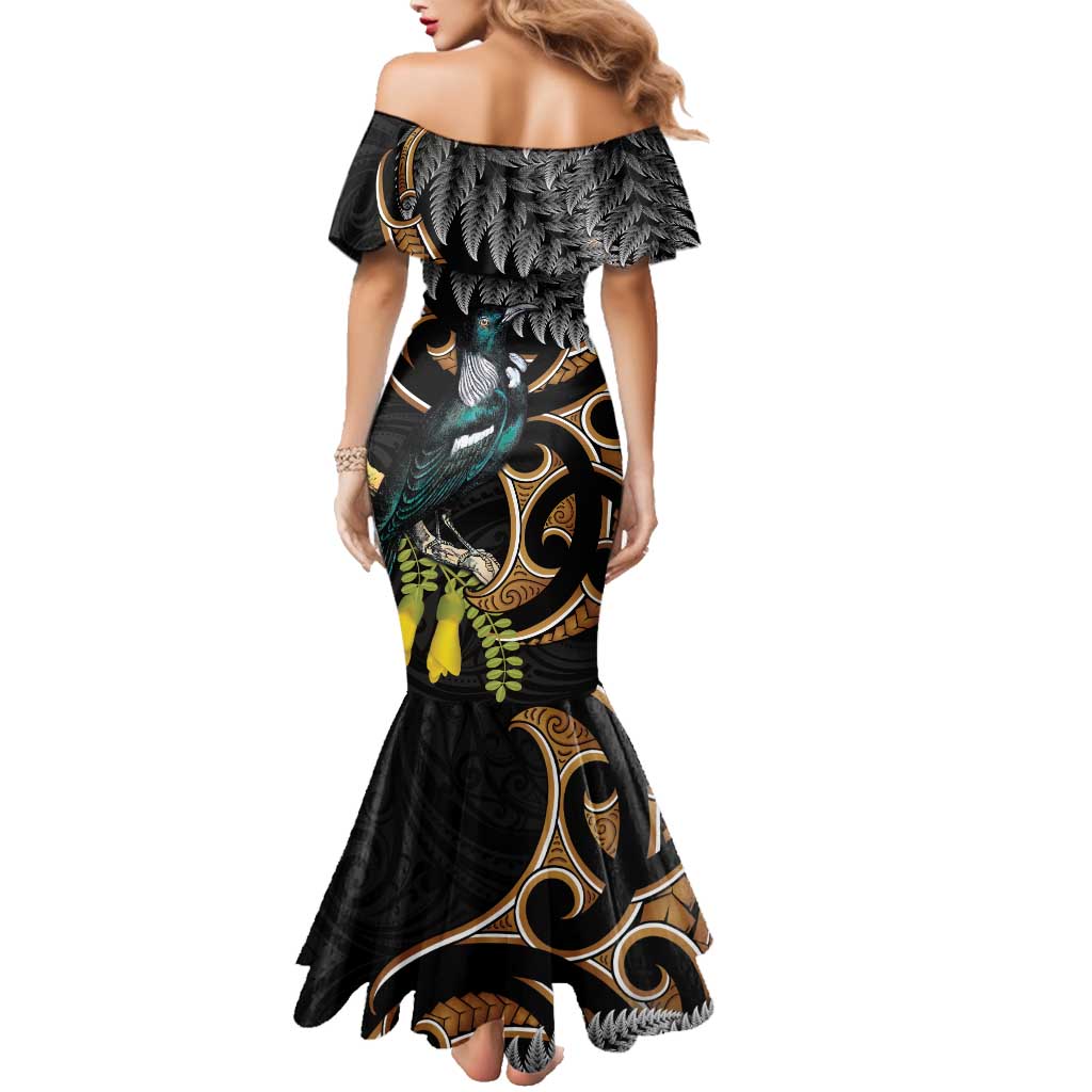 Aotearoa Kowhai Tui Bird Family Matching Mermaid Dress and Hawaiian Shirt Maori Ngaru With Silver Fern LT14 - Polynesian Pride