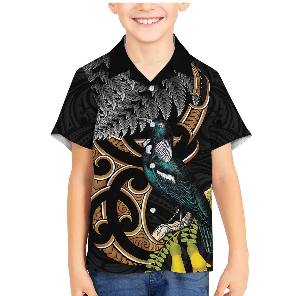 Aotearoa Kowhai Tui Bird Family Matching Mermaid Dress and Hawaiian Shirt Maori Ngaru With Silver Fern LT14 Son's Shirt Black - Polynesian Pride