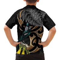 Aotearoa Kowhai Tui Bird Family Matching Off The Shoulder Long Sleeve Dress and Hawaiian Shirt Maori Ngaru With Silver Fern LT14 - Polynesian Pride