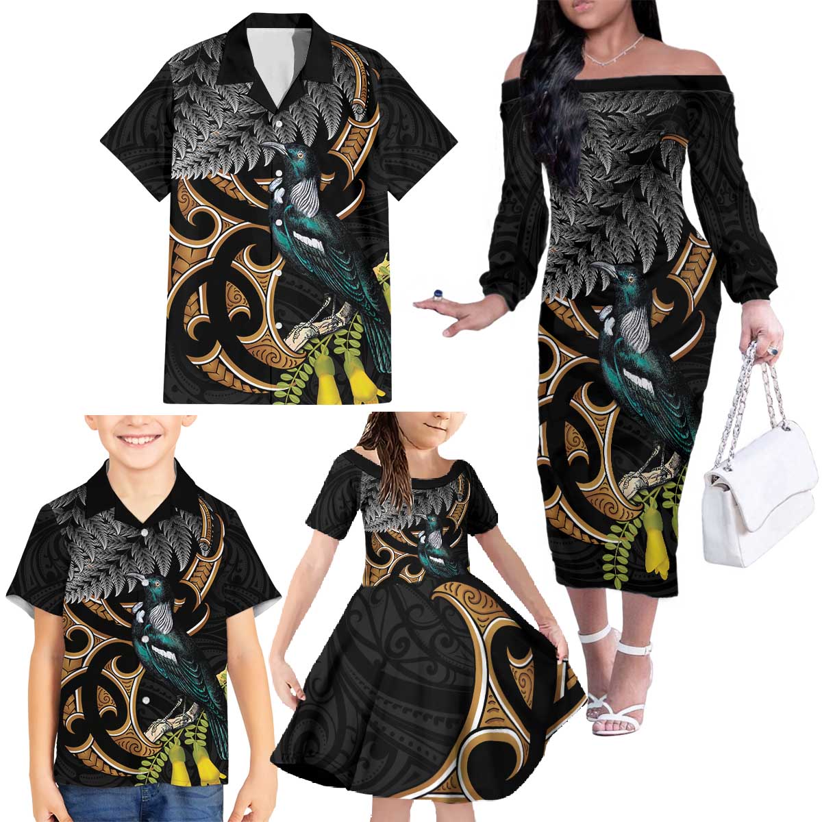 Aotearoa Kowhai Tui Bird Family Matching Off The Shoulder Long Sleeve Dress and Hawaiian Shirt Maori Ngaru With Silver Fern LT14 - Polynesian Pride