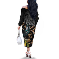 Aotearoa Kowhai Tui Bird Family Matching Off The Shoulder Long Sleeve Dress and Hawaiian Shirt Maori Ngaru With Silver Fern LT14 - Polynesian Pride