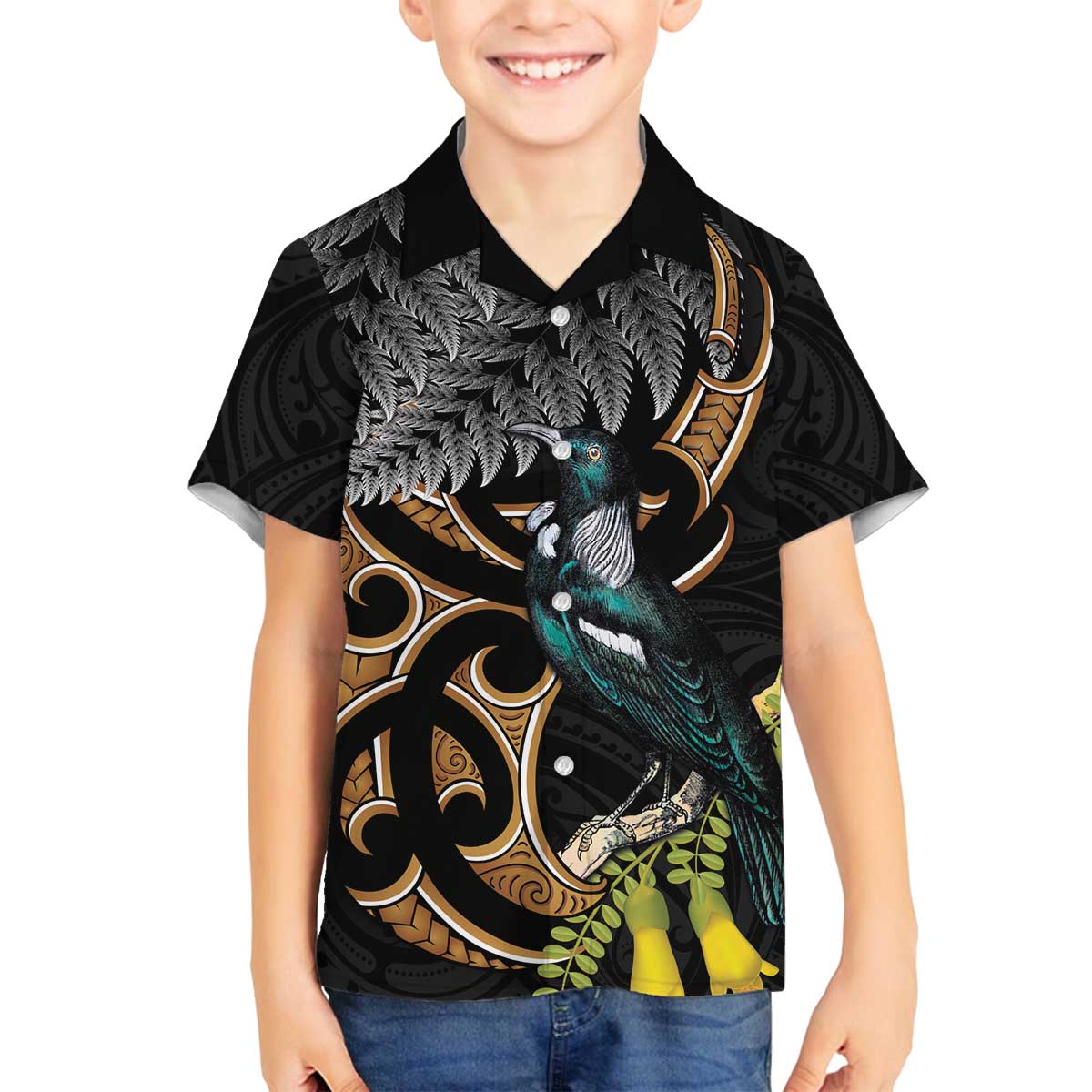 Aotearoa Kowhai Tui Bird Family Matching Off The Shoulder Long Sleeve Dress and Hawaiian Shirt Maori Ngaru With Silver Fern LT14 Son's Shirt Black - Polynesian Pride