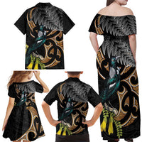 Aotearoa Kowhai Tui Bird Family Matching Off Shoulder Maxi Dress and Hawaiian Shirt Maori Ngaru With Silver Fern LT14 - Polynesian Pride