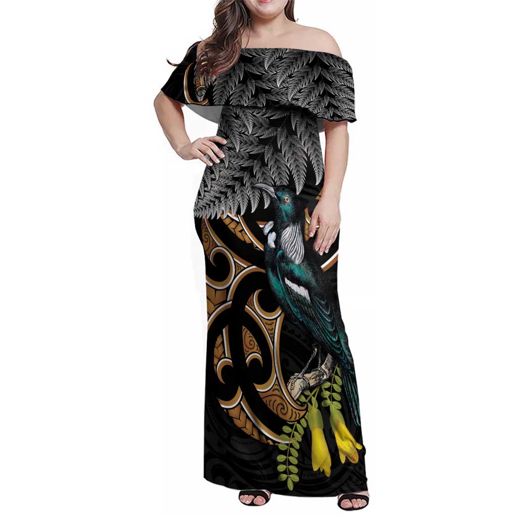 Aotearoa Kowhai Tui Bird Family Matching Off Shoulder Maxi Dress and Hawaiian Shirt Maori Ngaru With Silver Fern LT14 Mom's Dress Black - Polynesian Pride