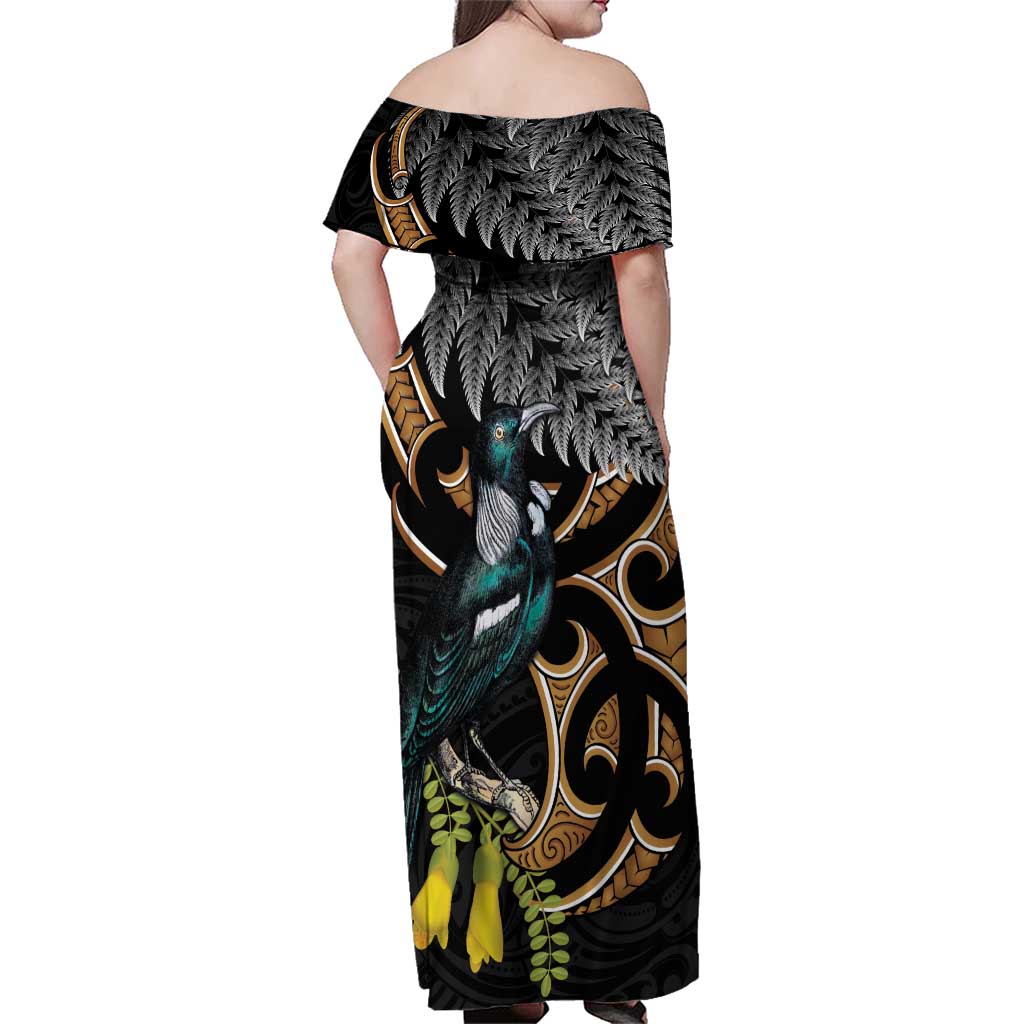 Aotearoa Kowhai Tui Bird Family Matching Off Shoulder Maxi Dress and Hawaiian Shirt Maori Ngaru With Silver Fern LT14 - Polynesian Pride