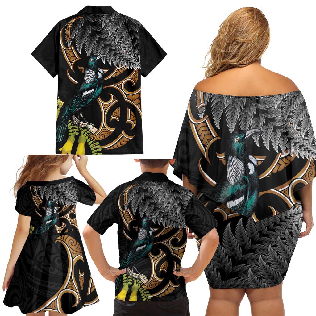 Aotearoa Kowhai Tui Bird Family Matching Off Shoulder Short Dress and Hawaiian Shirt Maori Ngaru With Silver Fern LT14 - Polynesian Pride