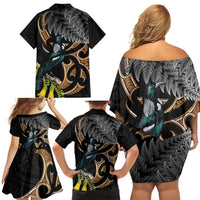 Aotearoa Kowhai Tui Bird Family Matching Off Shoulder Short Dress and Hawaiian Shirt Maori Ngaru With Silver Fern LT14 - Polynesian Pride