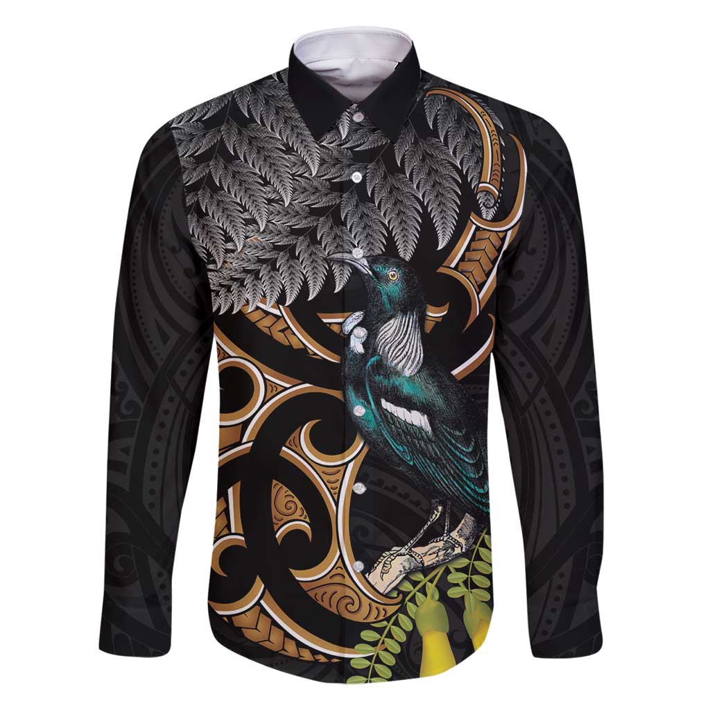 Aotearoa Kowhai Tui Bird Family Matching Off Shoulder Short Dress and Hawaiian Shirt Maori Ngaru With Silver Fern LT14 Dad's Shirt - Long Sleeve Black - Polynesian Pride