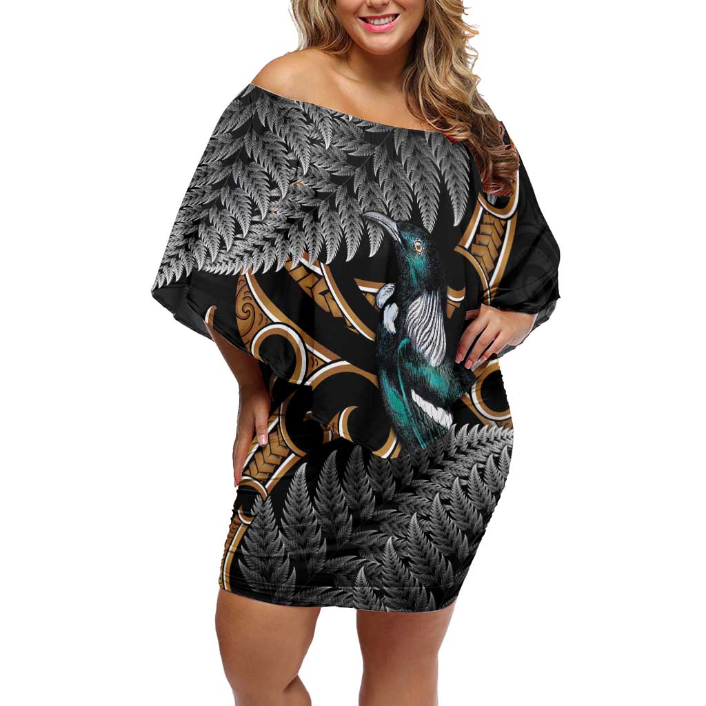 Aotearoa Kowhai Tui Bird Family Matching Off Shoulder Short Dress and Hawaiian Shirt Maori Ngaru With Silver Fern LT14 Mom's Dress Black - Polynesian Pride