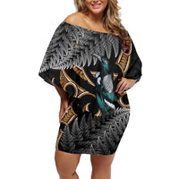 Aotearoa Kowhai Tui Bird Family Matching Off Shoulder Short Dress and Hawaiian Shirt Maori Ngaru With Silver Fern LT14 Mom's Dress Black - Polynesian Pride