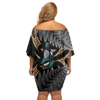 Aotearoa Kowhai Tui Bird Family Matching Off Shoulder Short Dress and Hawaiian Shirt Maori Ngaru With Silver Fern LT14 - Polynesian Pride