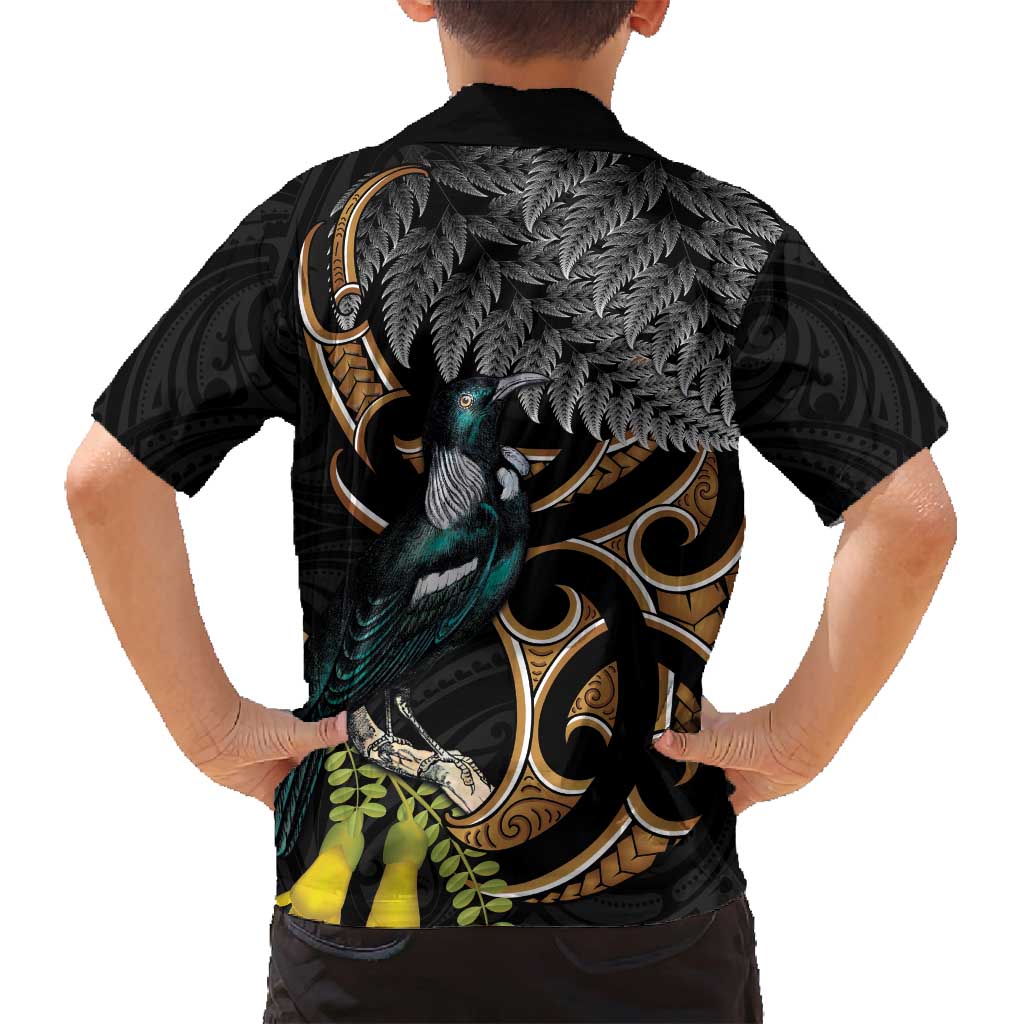 Aotearoa Kowhai Tui Bird Family Matching Puletasi and Hawaiian Shirt Maori Ngaru With Silver Fern LT14 - Polynesian Pride