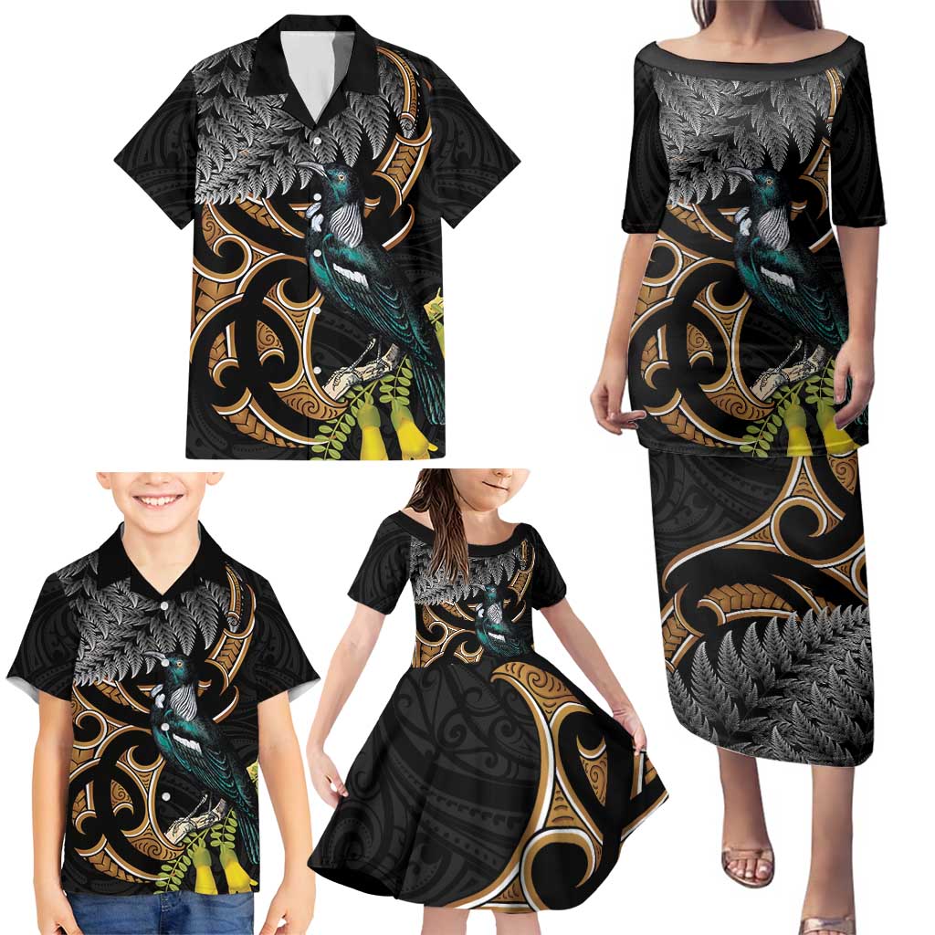 Aotearoa Kowhai Tui Bird Family Matching Puletasi and Hawaiian Shirt Maori Ngaru With Silver Fern LT14 - Polynesian Pride