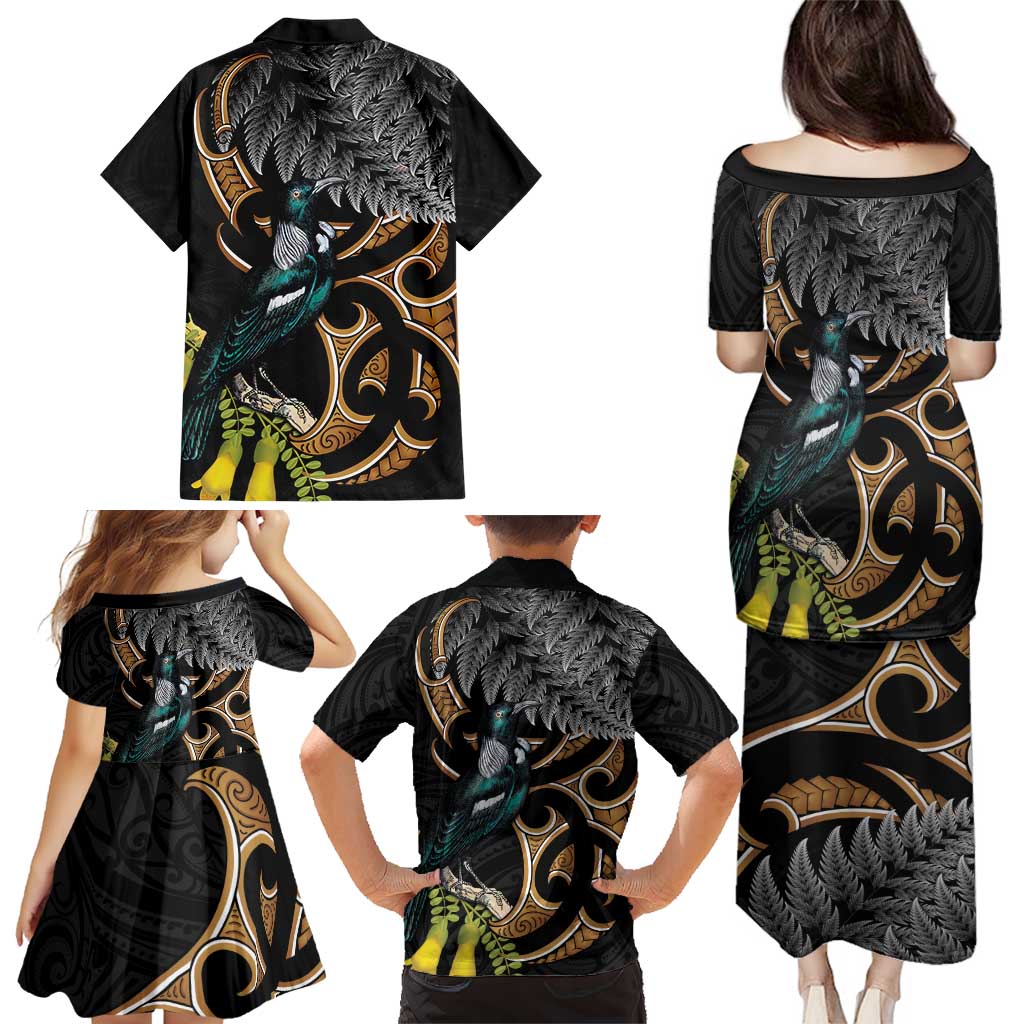 Aotearoa Kowhai Tui Bird Family Matching Puletasi and Hawaiian Shirt Maori Ngaru With Silver Fern LT14 - Polynesian Pride